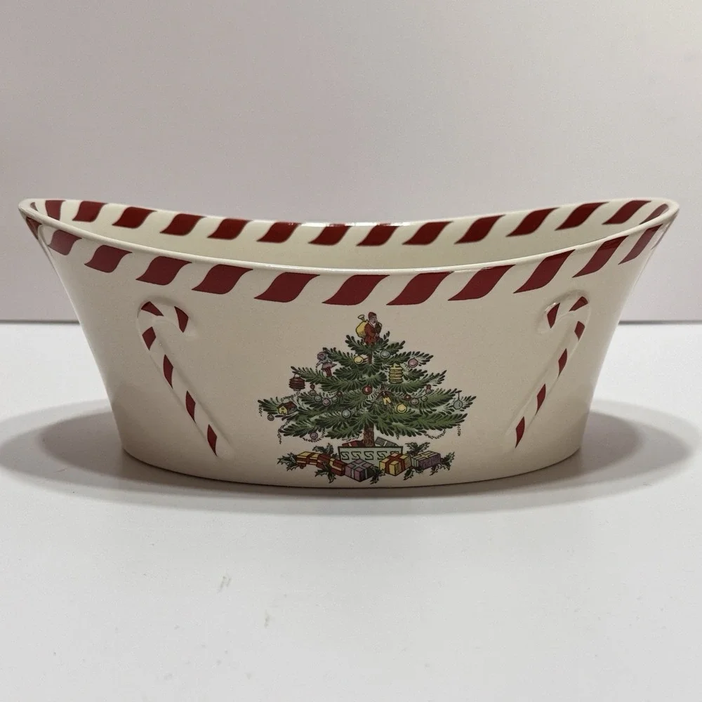 Spode Christmas Tree Peppermint Oval Bowl Holiday Serving Dish Candy Cane 9